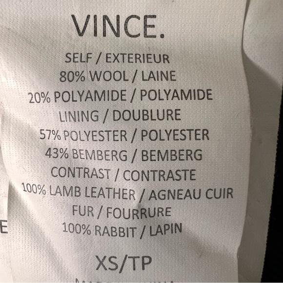 Vince Genuine Rabbit Fur Collar Lamb Leather Asymmetrical Wool Black Coat XS - Picture 15 of 16